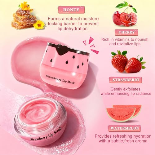 Qiufsse 5Pcs Lip Scrub And Mask SetCherry Strawberry And Honey Pot Lip Balm2Pcs Lip Exfoliator Scrub And MoisturizerClean And RepairReduce Fine LinesNatural IngredientsCruelty Free