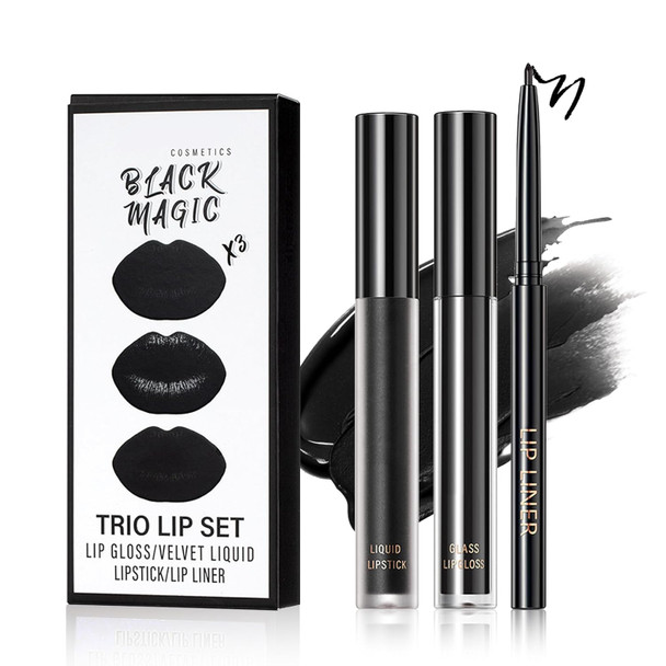 Qiufsse 3 In 1 Black Lip Liner Pencil And Lipstick Lipgloss Set Matte Black Lipstick Lip Gloss Kit Long-Lasting Nonstick Cup Smudge Proof Lip Kits With Lip LinerVelvet Goth Makeup (12#Black Magic)