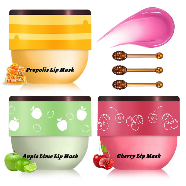 Qiufsse Honey Pot Lip Balm3Pcs Bee Lip Balm Honey Pot Cherry Watermelon Lip ScrubFade Lip Lines Prevention Dry And Cracked Lip Mask Overnight (Honey+Watermelon+Cherry)
