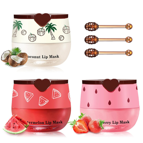 Qiufsse Honey Pot Lip Balm3Pcs Bee Lip Balm Honey Pot Cherry Watermelon Lip ScrubFade Lip Lines Prevention Dry And Cracked Lip Mask Overnight (Honey+Watermelon+Cherry)