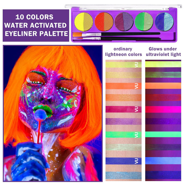 Qiufsse 10 Colors Neon Face Paint Glow In The Dark Makeup Water Activated Eyeliner Palette Blacklight Uv Face Body Paint For Adults Kids Halloween Makeup (01)