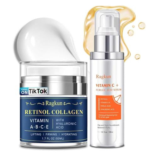 Ragkun Retinol Cream For Face Collagen Neck Creams For Tightening And Firming Anti Aging Day & Night Facial Moisturizer + Super Vitamin C 20% Serum For Women Dark Spot Remover For Face