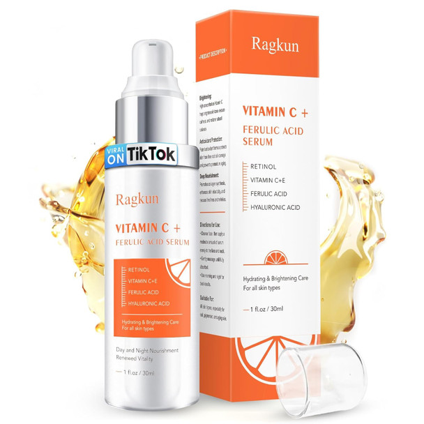 Ragkun 20% Vitamin C Serum Retinol Serum For Face Dark Spot Remover For Face Ce Ferulic Acid Hyaluronic Acid Hydrate & Plump Skin Care Anti Aging Wrinkle Brightening Skincare -1 Fl Oz.