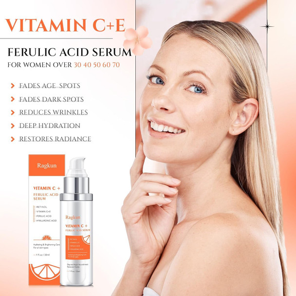Ragkun 20% Vitamin C Serum Retinol Serum For Face Dark Spot Remover For Face Ce Ferulic Acid Hyaluronic Acid Hydrate & Plump Skin Care Anti Aging Wrinkle Brightening Skincare -1 Fl Oz.