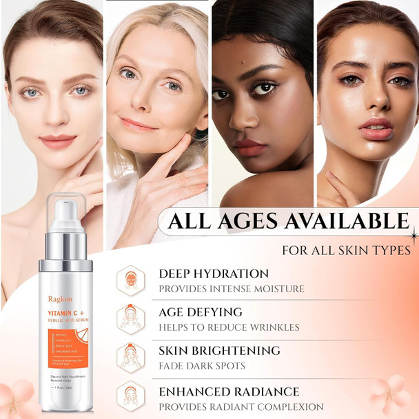 Ragkun Vitamin C Brightening Serum For Face Ce Ferulic Acid Super Vitamin C For Women Men Dark Spot Remover For Face Lifting Firming Anti Aging Wrinkle -1 Fl Oz.