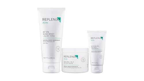 Replenix Acne Treatment Skin Care Regimen Medical-Grade Set Includes Glycolic Acid Resurfacing Cleanser (6.7 Fl. Oz) Gly-Sal Clarifying Acne Pads (60 Ct.) & Benzoyl Peroxide Acne Gel (2 Oz)
