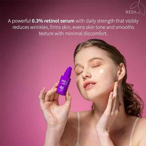 Resh Lab Retinol For Face 30Ml Anti-Aging With 1% Bakuchiol 7 Peptides & Niacinamide Hydrating Serum For Wrinkles Fine Lines Dark Spots & Skin Firmness