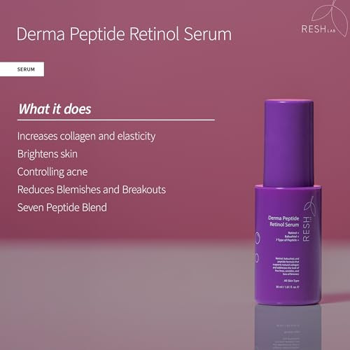 Resh Lab Retinol For Face 30Ml Anti-Aging With 1% Bakuchiol 7 Peptides & Niacinamide Hydrating Serum For Wrinkles Fine Lines Dark Spots & Skin Firmness