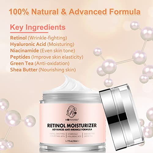 Rosvanee Retinol Cream Face Moisturizer For Women Men Anti Aging Wrinkle Cream With Retinol Nacinamide Ah-8 Peptides Botanical Extracts Facial Eye Cream For Day Night