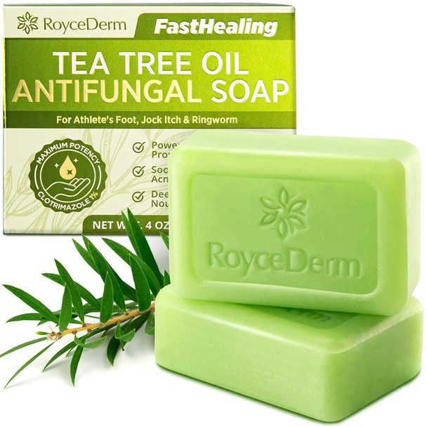 Roycederm Antifungal Bar Soap - Tea Tree Oil Soap - Athlete S Foot Treatment For Jock Itch & Ringworm - Medicated Antifungal Soap With Clotrimazole 1% - Tea Tree Oil Scent 2 Pack