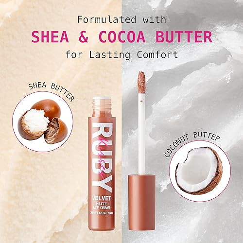 Ruby Kisses Velvet Lip Cream Matte Finish Lipstick Rich Color Long Lasting Lip Stain Lightweight Nourishing Hydration High Pigment Lip Tint (Skin Deep)