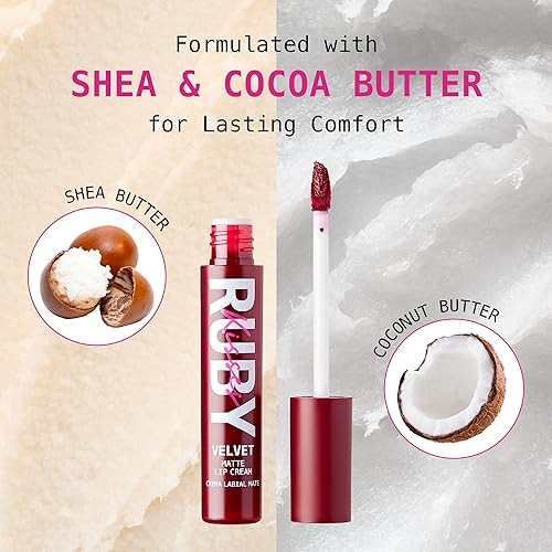 Ruby Kisses Velvet Lip Cream Matte Finish Lipstick Rich Color Long Lasting Lip Stain Lightweight Nourishing Hydration High Pigment Lip Tint (Scarlet Rouge)