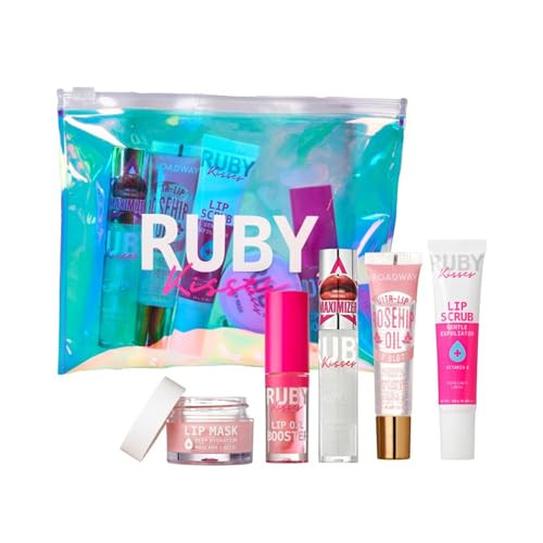 Ruby Kisses Value Lip Care Travel Kit With Rosehip Oil Clear Lip Gloss High Shine Plumping Gloss Pink Lip Oil Booster Exfoliating Lip Scrub Hydrating Intensive Lip Mask + Holographic Makeup Bag