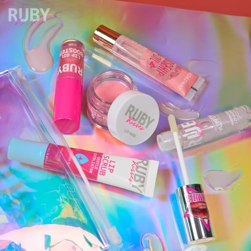 Ruby Kisses Value Lip Care Travel Kit With Rosehip Oil Clear Lip Gloss High Shine Plumping Gloss Pink Lip Oil Booster Exfoliating Lip Scrub Hydrating Intensive Lip Mask + Holographic Makeup Bag