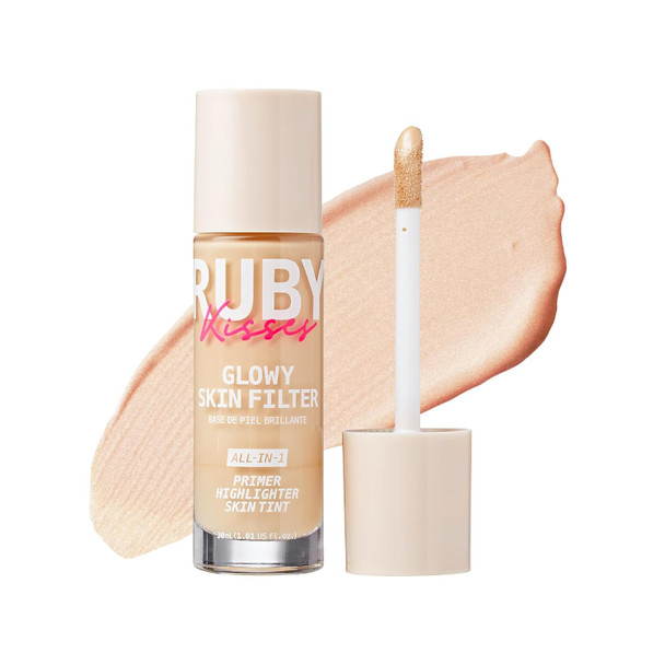 Ruby Kisses Glowy Skin Filter Foundation - All-In-1 Primer Skin Tint & Highlighter Hydrating Light Coverage With Squalane Natural Dewy Finish Luminous & Radiant Glow (Deep)