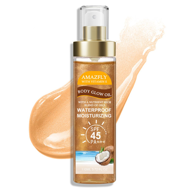 Scarman Body Glow Oil Spf 45 Pa+++ Sunscreen Body Oil With Amber Mica Moisturizing Coconut With Vitamin E Glow Moisturizer Lightweight Water Resistant 3.72 Fl Oz (#3 Amber)