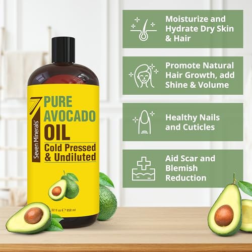 Seven Minerals New Cold Pressed Avocado Oil For Hair Skin & Face - Big 32Oz - Premium Grade & Hexane Free 100% Pure Gmo Free & Non-Greasy Carrier Oil For Natural Hair And Skincare - Great With Essential Oils