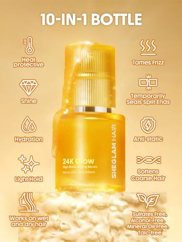 Sheglam 24K Glow Hair Oil Serum 10-In-1 Treatment For Frizz Control Shine & Heat Protection With Almond & Macadamia Oil For All Hair Types 1.69 Fl Oz