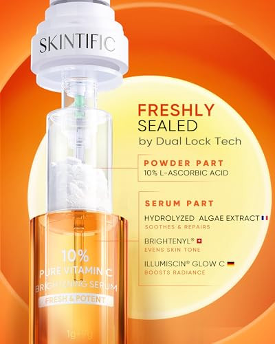 Skintific Dual-Chamber Fresh Vitamin C Brightening Serum For Face 10% Pure Vit C Powder Serum Dark Spot Corrector Oxidation-Proof With Uv Shield