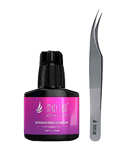 Stacy Lash Lightning Speed Eyelash Extension Glue 10Ml & Stl-1 Isolation Tweezers - /Black Adhesive 0.3Sec Drying Time/Retention 6-8 Weeks/Precision Stainless Steel Tool/Professional Supplies