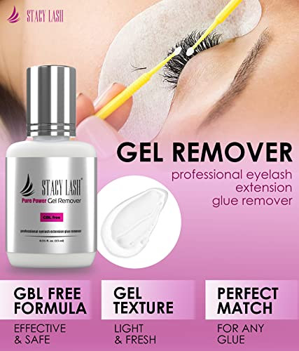 Stacy Lash Pure Gel Remover 15Ml & Stl-3 Isolation F-Shaped Tweezers/Gbl Free/Fast Lash Adhesive Dissolution Time - 60 Sec/Precision Stainless Steel Tool/Straight Tips/Professional Supplies