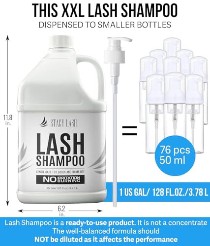 Stacy Lash Eyelash Extension Shampoo 1Us Gal / 128 Fl.Oz. / 3.78L / Eyelid Foaming Cleanser/Safe Wash For Extensions & Natural Lashes/Supplies For Professional & Home Use / 50 Aftercare Cards