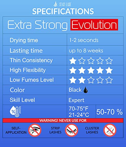 Stacy Lash Extra Strong Evolution & Sensitive/ Eyelash Extension Glue 10Ml/ Black Adhesive/Individual Semi-Permanent Lash Extensions / 1-2 & 5-6 Sec Drying Time/Low Fumes/Professional Supplies