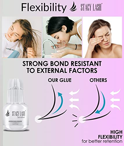 Stacy Lash Sensitive Eyelash Extension Glue 10Ml & Primer/Cleanser 40Ml - /Black Adhesive For Semi-Permanent Extensions / 5-6Sec Drying Time/Low Fume/Protein Oil Remover/Professional Supplies