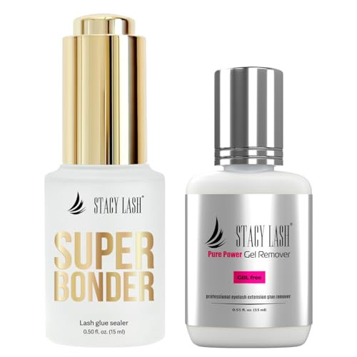 Stacy Lash Super Bonder 15Ml & Pure Power Lash Remover For Eyelash Extensions 40Ml / Lash Bonder For Eyelash Extensions/Locks Eyelash Glue Fumes / 60 Sec Dissolution Lash Glue Remover/Lash Extension Supplies
