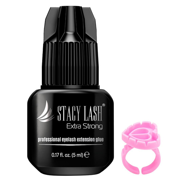 Stacy Lash Extra Strong Eyelash Extension Glue (0.17Fl.Oz / 5Ml) / 0.5-1 Sec Dry/Retention 8 Weeks/Professional Black Adhesive/Lash Tech Supplies + Glue Ring