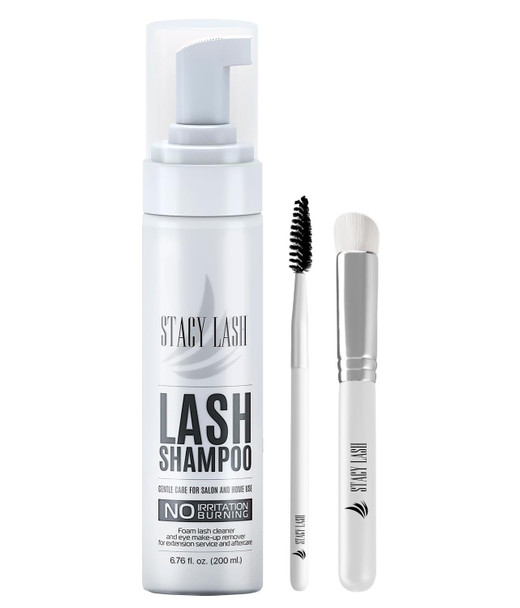 Stacy Lash Eyelash Extension Shampoo + Brush / 3.38 Fl.Oz / 100Ml / Eyelid Foaming Cleanser/Wash For Extensions & Natural Lashes/Safe Makeup Remover/Supplies For Professional & Home Use