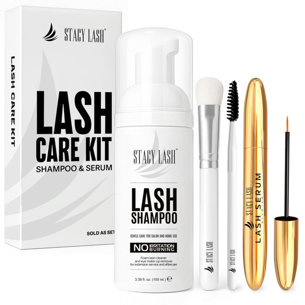 Stacy Lash Eyelash Extension Shampoo + Brush / 3.38 Fl.Oz / 100Ml / Eyelid Foaming Cleanser/Wash For Extensions & Natural Lashes/Safe Makeup Remover/Supplies For Professional & Home Use
