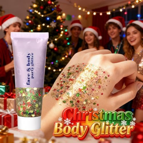 Sulily Christmas Body Glitter GelRed Green And White Christmas Body Hair Face Glitter Face PaintShimmer Holographic Colorful Sequins Chunky Glitter Gel MakeupAccessories For Festival Rave