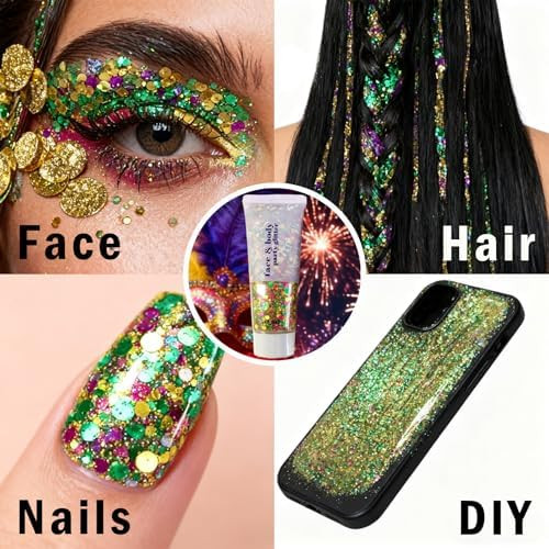 Sulily Mardi Gras Face Hair Body Glitter Stick Mardi Gras Outfit For Women Green Purple Gold Long Lasting Glitter Makeup Rave Festival Party Accessories Sparkling Chunky Glitter For Hair Face Nails