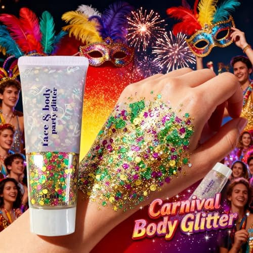 Sulily Mardi Gras Face Hair Body Glitter Stick Mardi Gras Outfit For Women Green Purple Gold Long Lasting Glitter Makeup Rave Festival Party Accessories Sparkling Chunky Glitter For Hair Face Nails