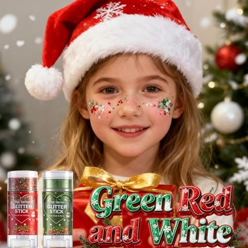Sulily Christmas Body Glitter StickFace Hair Glitter For Kids Women MakeupWaterproof Christmas Hair AccessoriesSinger Concert Festival Rave Glitter GelMermaid Sequins Long Lasting Face Paint Gel KitRed