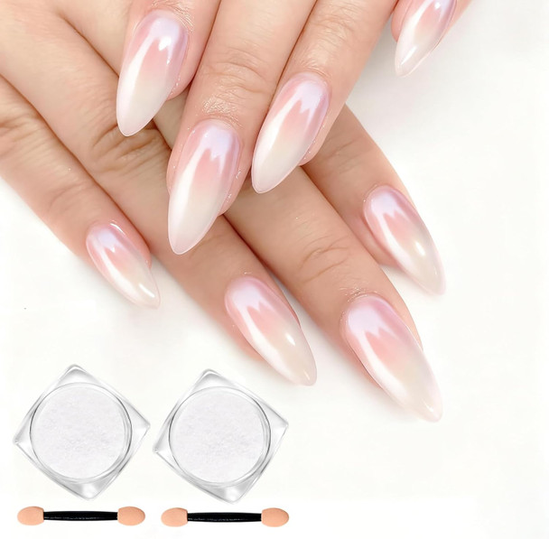 Sulily 2 Jars White Pearl Chrome Nail Powder Iridescent Aurora Chrome Powder Metallic Mirror Effect Pearlescent Mermaid Dip Powder Nail Art DecorationChrome Powder For Nails Resin Craft 6G