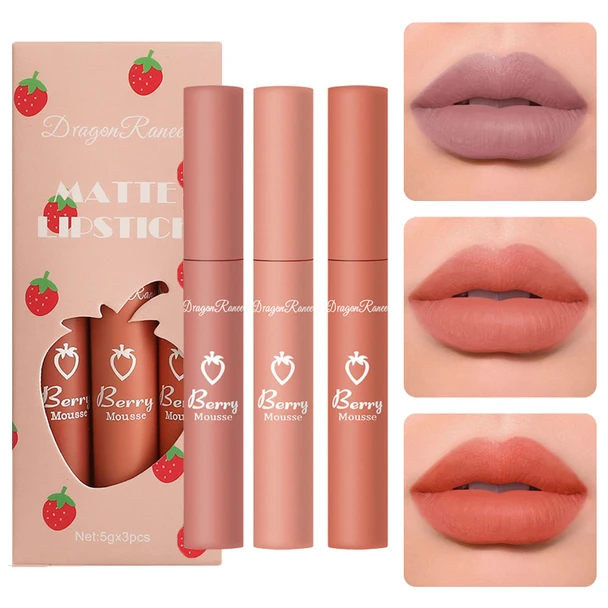 Sulily 3Pcs Velvet Red Matte Lipstick Set Dark Red Color Nude Lip Stain Long Lasting 24 Hours Lip Stick Wear Non-Stick Cup Not Fade Waterproof Lip Gloss Makeup Beauty Cosmetics Day s For Women