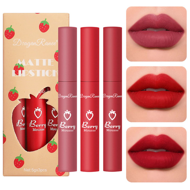 Sulily 3Pcs Velvet Red Matte Lipstick Set Dark Red Color Nude Lip Stain Long Lasting 24 Hours Lip Stick Wear Non-Stick Cup Not Fade Waterproof Lip Gloss Makeup Beauty Cosmetics Day s For Women