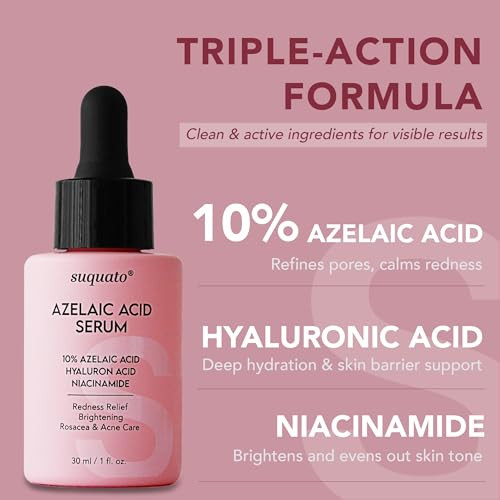 Suquato 10% Azelaic Acid Serum With Niacinamide & Hyaluronic Acid Rosacea Treatment For Face Redness Relief Blemish Relief Brightening Skincare For Rosacea-Prone Oily Or Sensitive Skin 30Ml