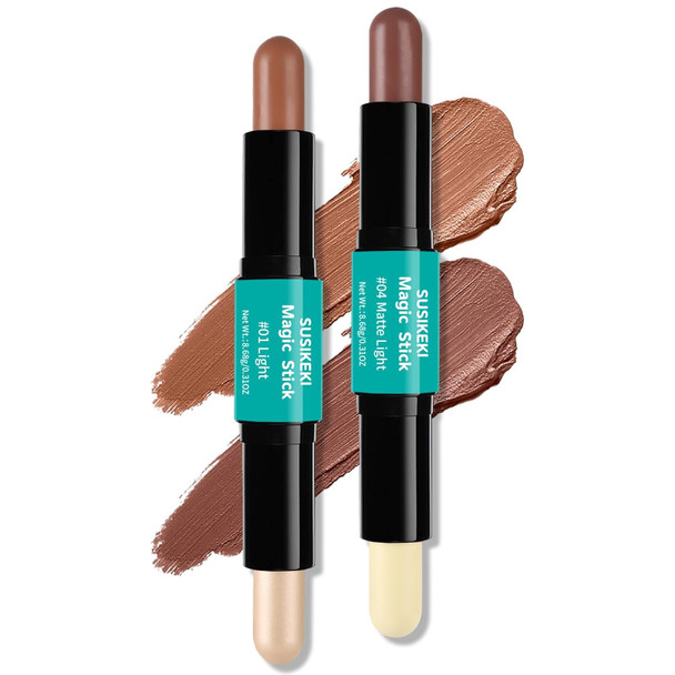 Susikeki Contour Stick 2Pcs Dual-Ended Highlighter Makeup Pen & Contouring Stick For Face Shaping Long Lasting Waterproof Cream Bronzer & Highlight Sticks Make Up Kit For All Skin Tones (01# + 02#)