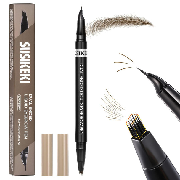 Susikeki Dual-Ended Microblading Eyebrow Pencil For Women 2 In 1 Liquid Eyebrow Pencil With Curved Tip And 4D Brow-Fection Microblading Pen Shaped Fill Hairlike Waterproof Lasting Eyebrows 03 Dark Brown