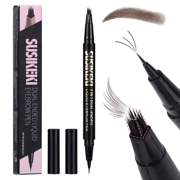 Susikeki Dual Ended Microblading Eyebrow Pen - 2 In 1 Liquid Eyebrow Pencil With Brow-Fection Angled Brush & Precise Detail Brush-Tip Shapes & Fills Hair-Like Looking Brows Lasts All-Day Dark Brown