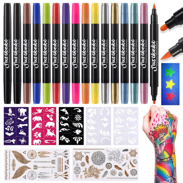 Susikeki Temporary Tattoo Markers For Skin 15 Colors Tattoo Pen + 50 Paint Stencils + 43 Tattoos Stickers Glitter & Matte & Neon Glow Body Marker Set Removable Fake Tattoos Kit For Teens And Adult