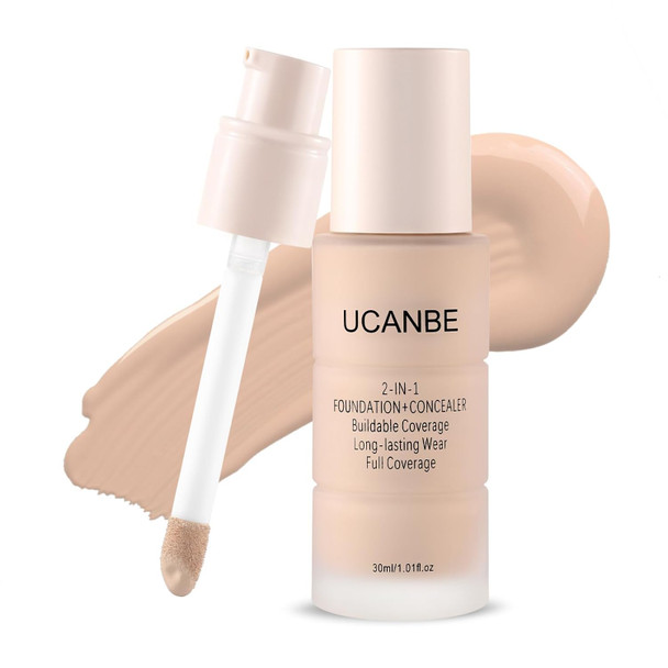 Ucanbe 2-In-1 Foundation + Concealer Full Coverage Long-Lasting Matte Makeup For Normal Combination And Oily Skin Buildable Waterproof Formula With Hyaluronic Acid 03 Soft Beige