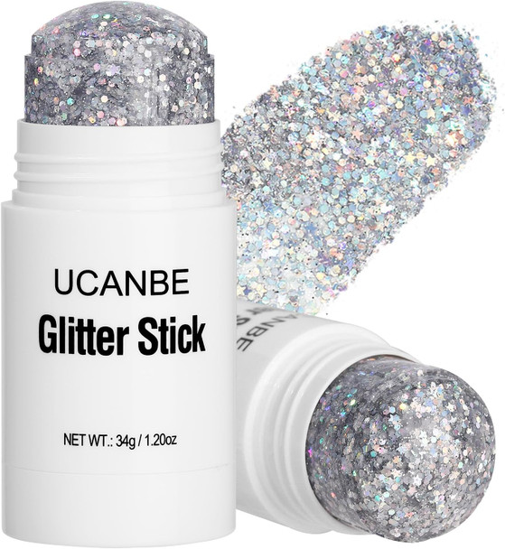 Ucanbe White Body Glitter Stick For Singer Concerts Music Festivals Face Glitter Makeup For Face Body Hair Eyes & Lips Chunky Glitter Sparkling Mermaid Sequins For Women 1.2Oz