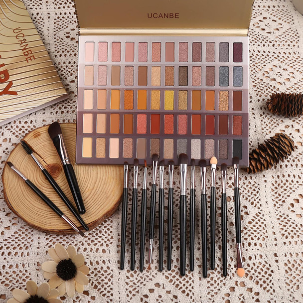 Ucanbe 60 Colors Naked Eyeshadow Palette + Makeup Brush Set All In One Nude Neutral Smokey Makeup Pallet With Brushes Pigmented Warm Matte Shimmer Powder Eye Shadows Cosmetic Halloween Beauty Kit