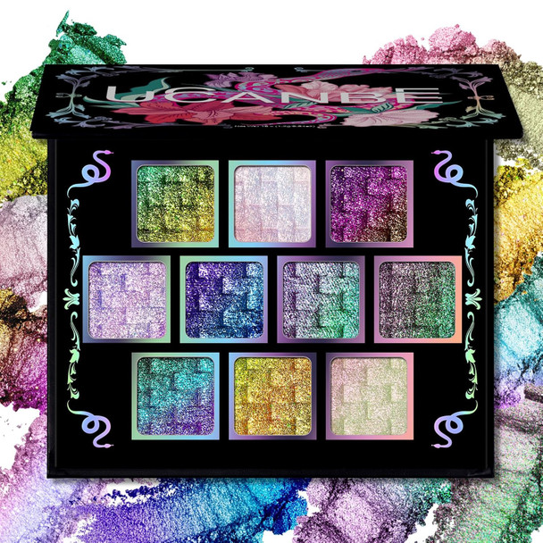Ucanbe Chameleon Multichrome Eyeshadow Palette 10 Colors Shifting Chromatic Sparkling Metallic Eye Shadow Multi-Use Blendable Holographic Glitter Shimmer Eye Makeup Palllet (Lunar Mirage)