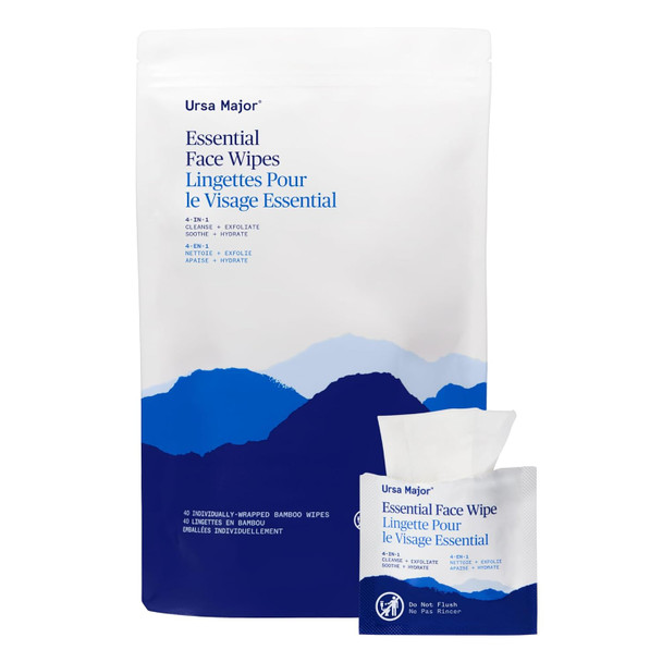 Ursa Major Essential Face Wipes | Natural Biodegradable Cruelty-Free | Cleanse Exfoliate Soothe And Hydrate | Individually Wrapped | 40 Count (Pack Of 2)