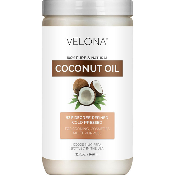 Velona Coconut Oil 92 Degree 32 Fl Oz | 100% Pure And Natural Carrier Oil | In Jar | Refined Cold Pressed | Skin Face Body Hair Care | Use Today - Enjoy Results